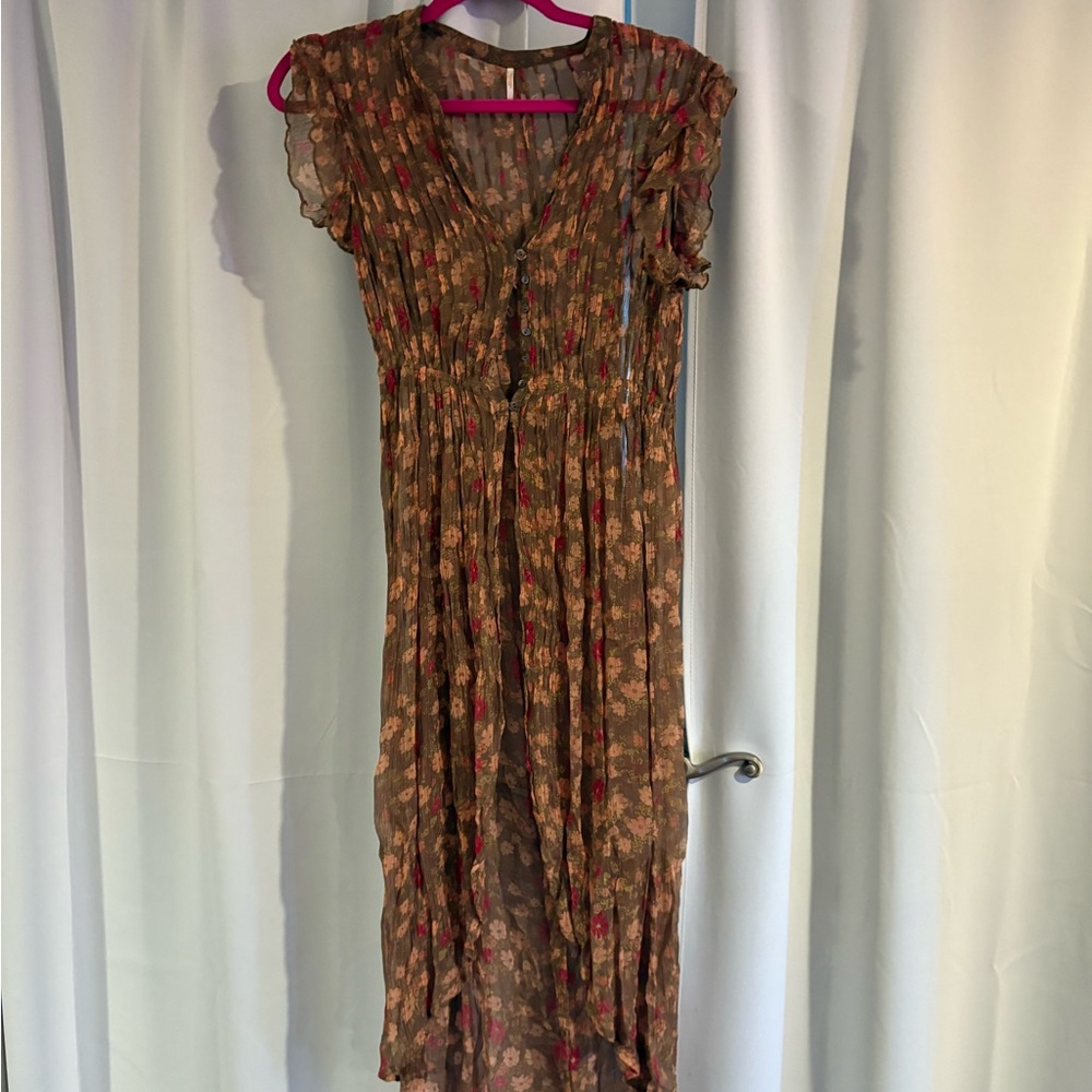 Free People Brown and Gold Flutter Sleeve Maxi Sundress